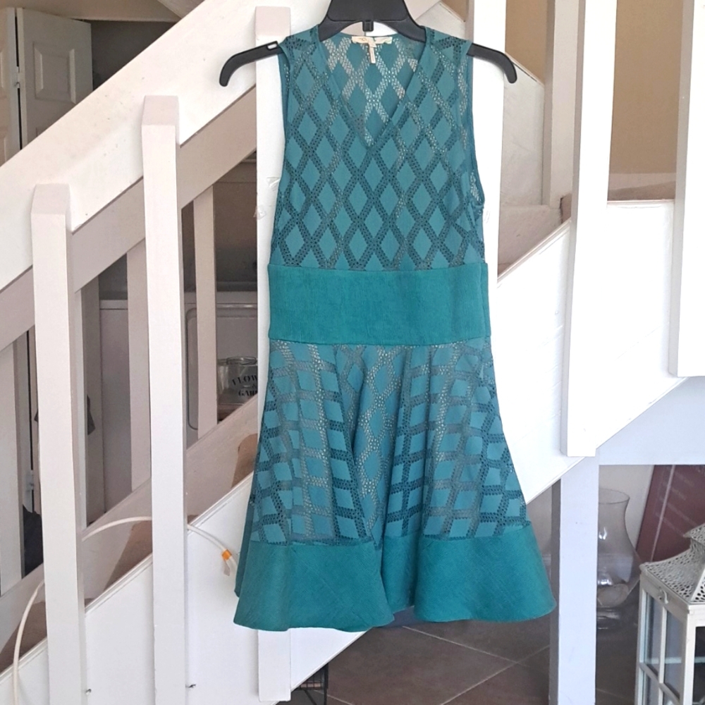 Maje Teal Turquoise Diamond Print VNeck Knit Short Dress Sz2 =US,S Excellent